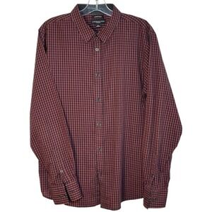 London Fog Stretch Button Up Dress Shirt Red Black Checkered Plaid Long Sleeve L